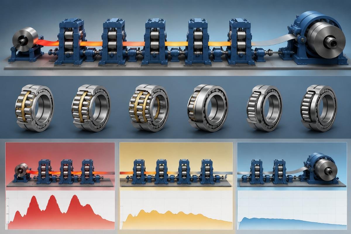 Rolling mill stand position bearing selection guide showing load profiles for roughing finishing and coiler positions