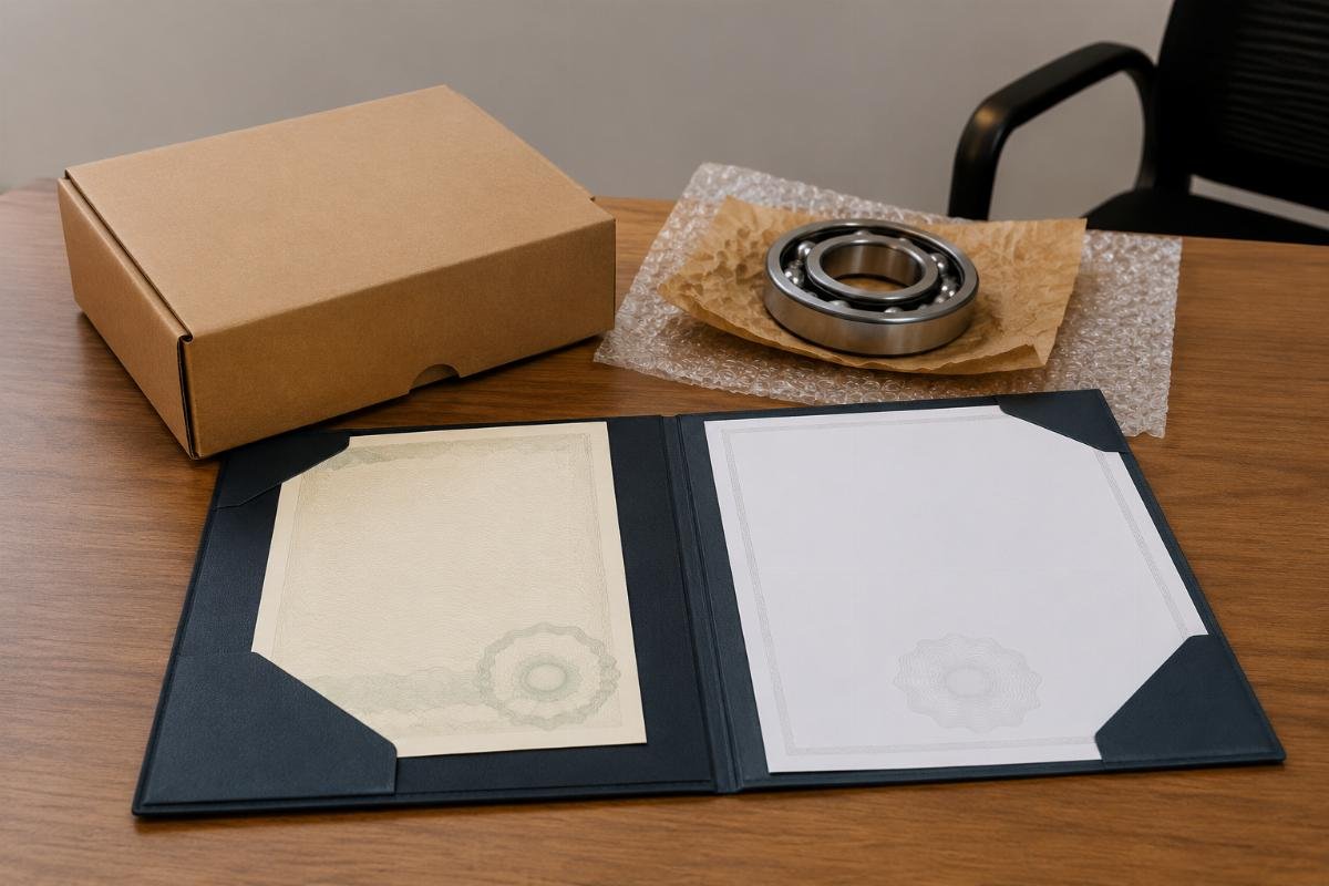 Sample bearing procurement documentation package including certificate of origin and authorization letter