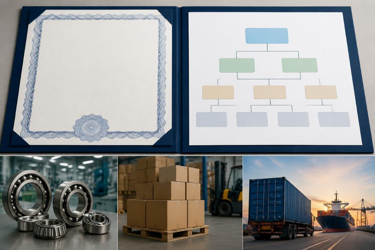 Sample certificate of origin and authorized distributor chain document layout for bearing export