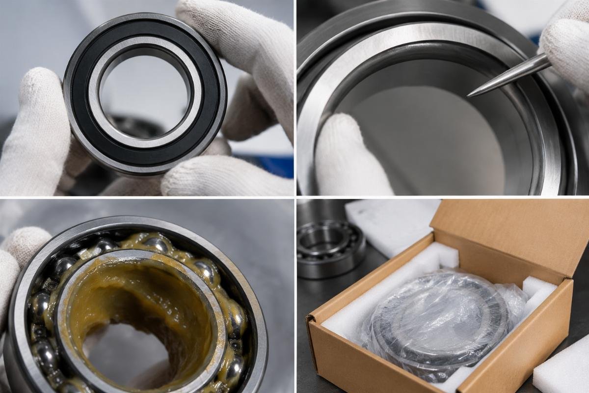 Sample inspection checklist showing seal marking, inner-ring engraving, grease consistency, and internal packaging details