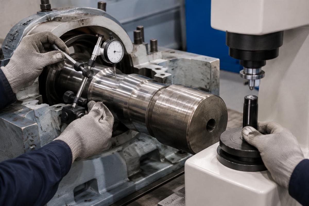 Shaft journal inspection with dial indicator and hardness tester after bearing removal