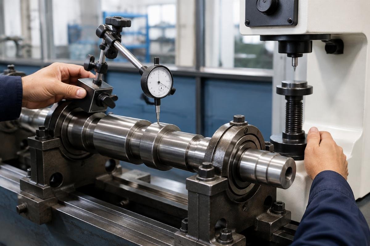 Shaft journal inspection with dial indicator and hardness tester after bearing removal