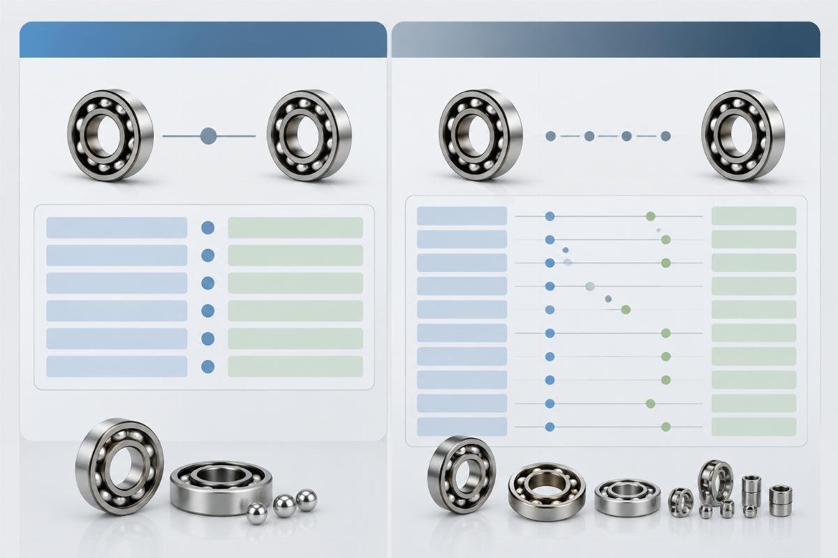 Side-by-side catalog excerpt showing simplified ABEC-to-ISO equivalence versus detailed per-parameter comparison