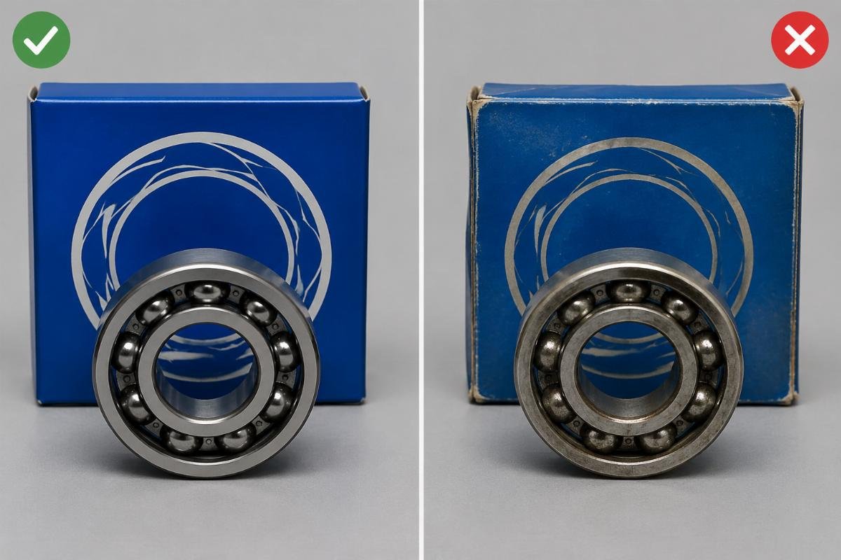 Side-by-side comparison of genuine and counterfeit NSK 6205 bearing packaging