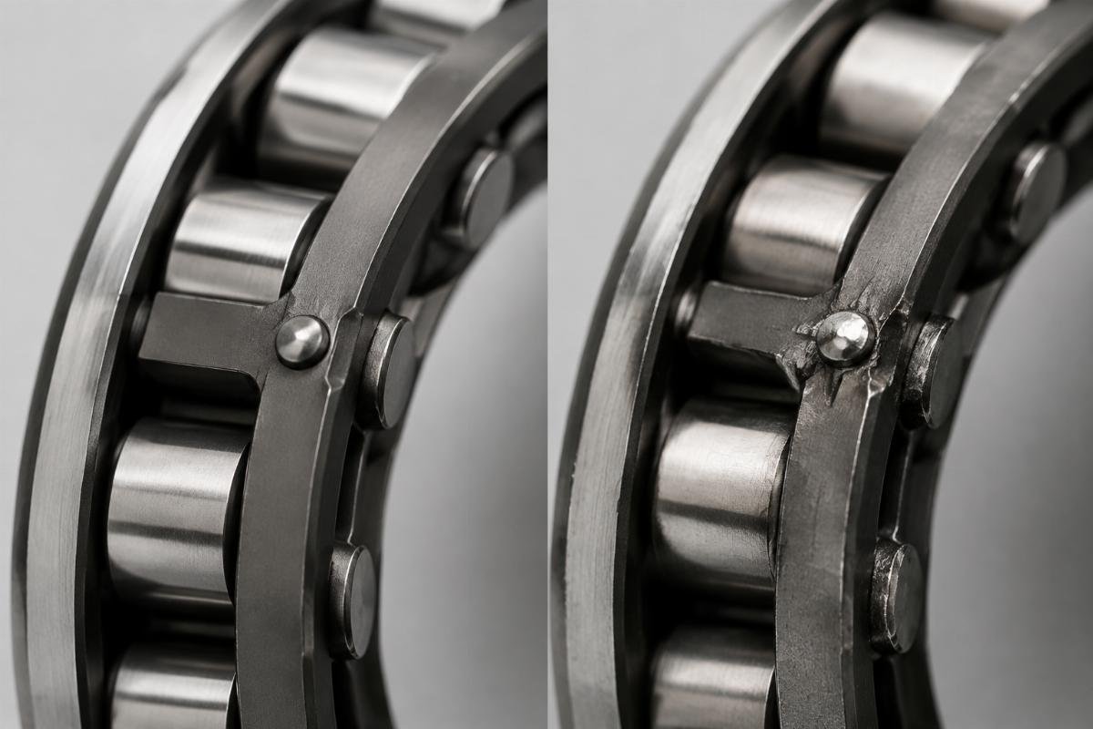 Side by side comparison of genuine and counterfeit NSK bearing cage rivet workmanship