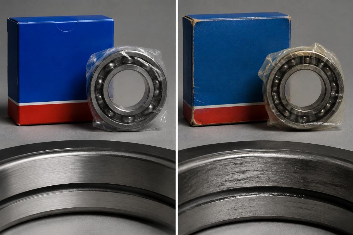 Side-by-side comparison of genuine and counterfeit SKF bearing packaging and inner-ring engraving quality