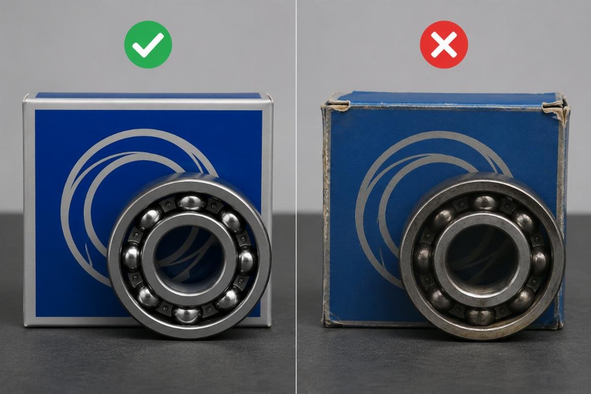 Side by side comparison of genuine and suspicious NSK 6205 bearing packaging