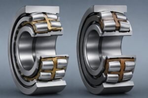 Side-by-side cross-section comparison of SKF and Timken spherical roller bearings showing internal geometry differences
