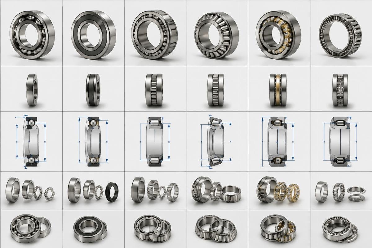Six-brand bearing cross-reference chart showing dimension and specification comparison