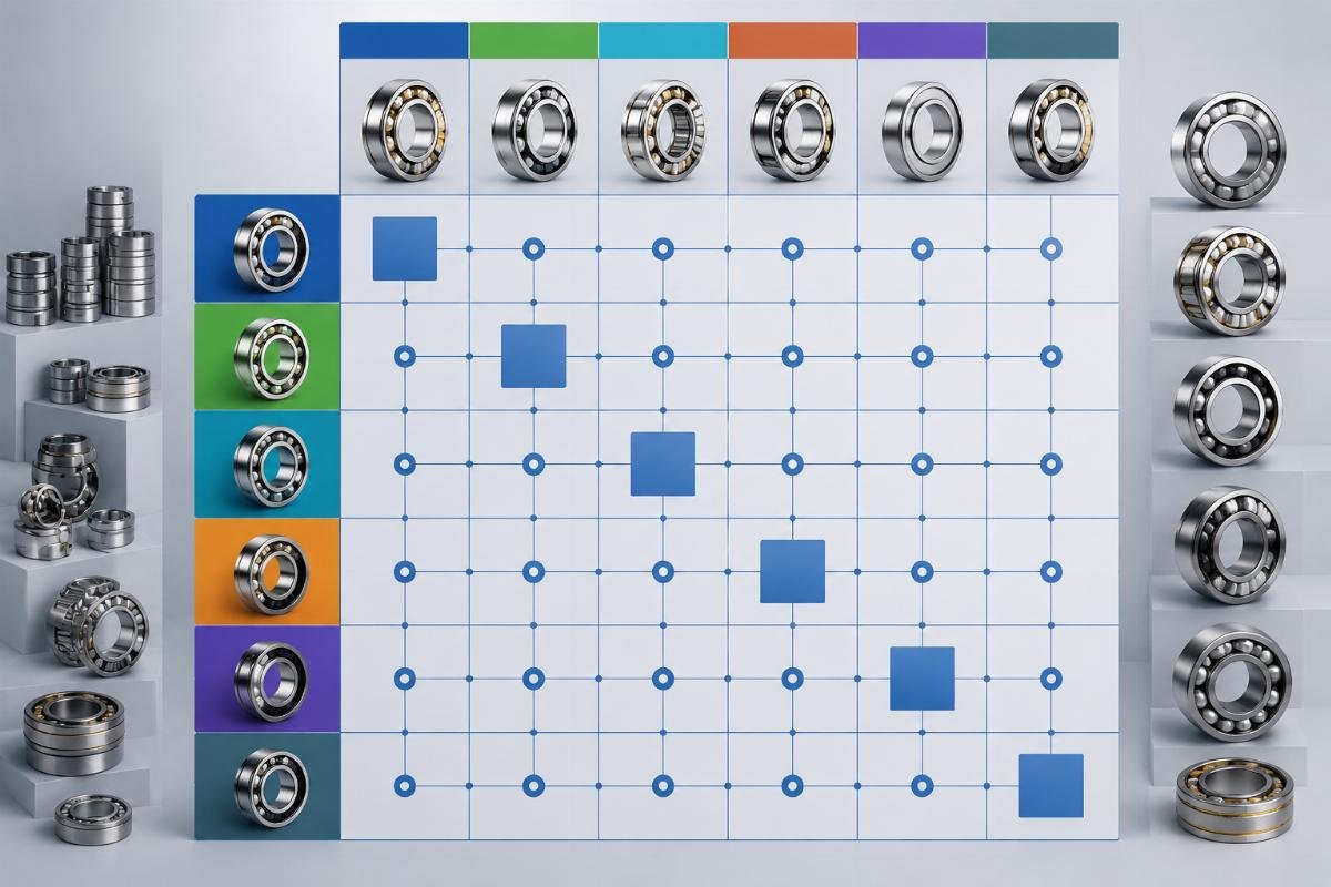 Six-brand bearing cross-reference interchange matrix chart