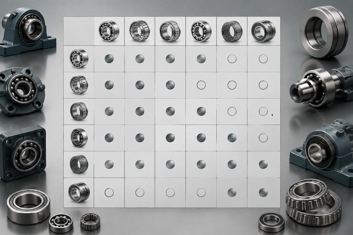 Six-brand bearing cross-reference interchange matrix for industrial applications