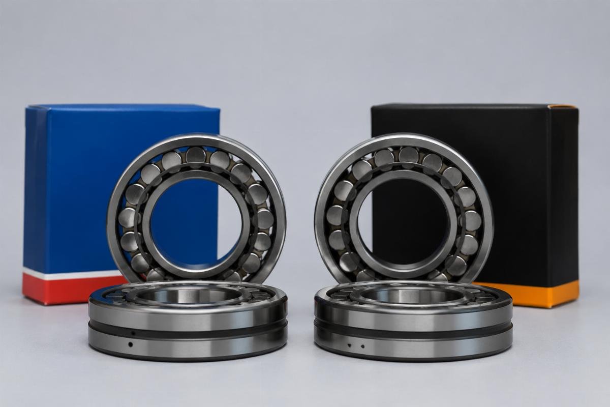 SKF 22208 and Timken 22208 spherical roller bearings side by side showing dimension match but different suffix markings