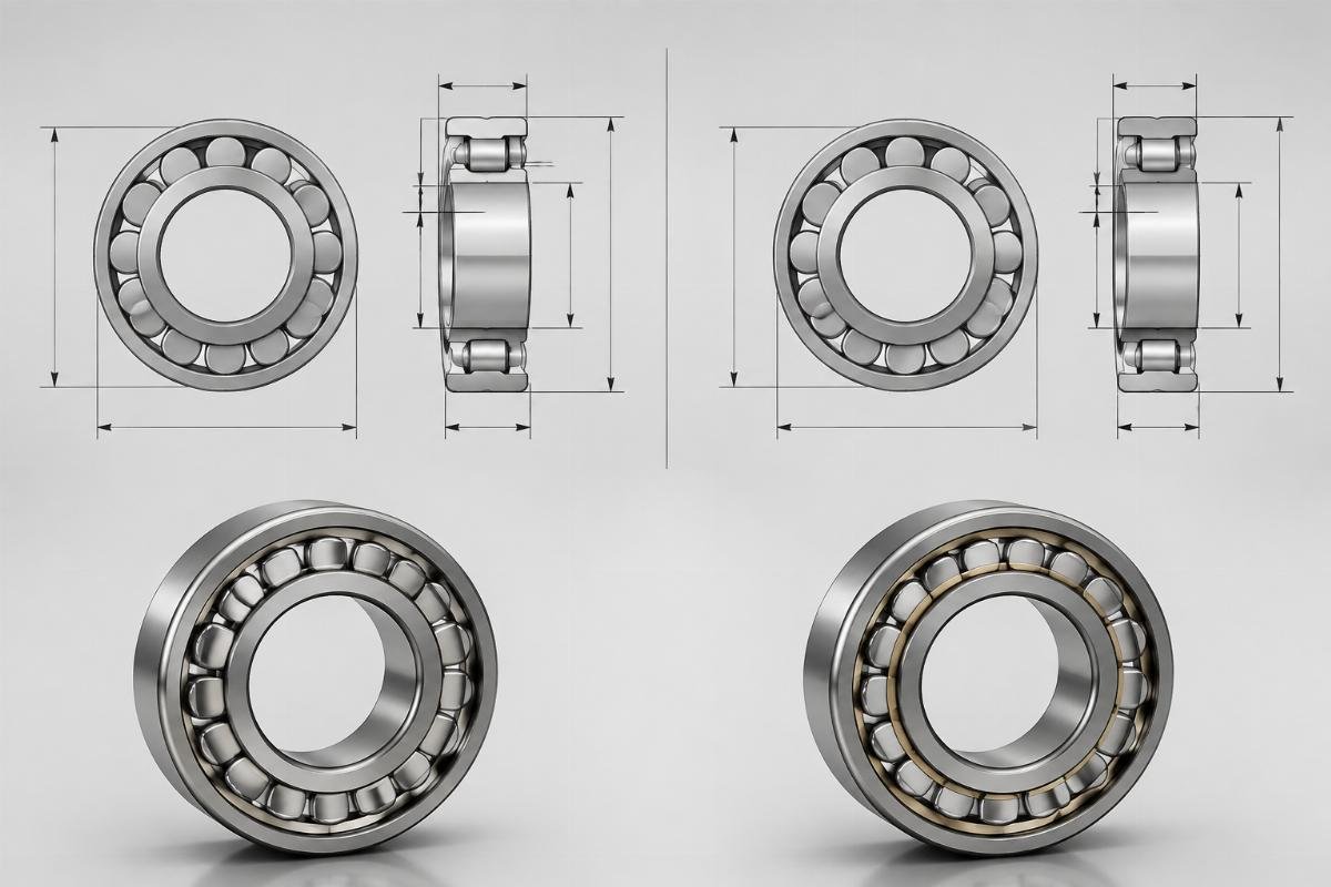 SKF 22212 and Timken 22212 side-by-side dimensional comparison with suffix callouts
