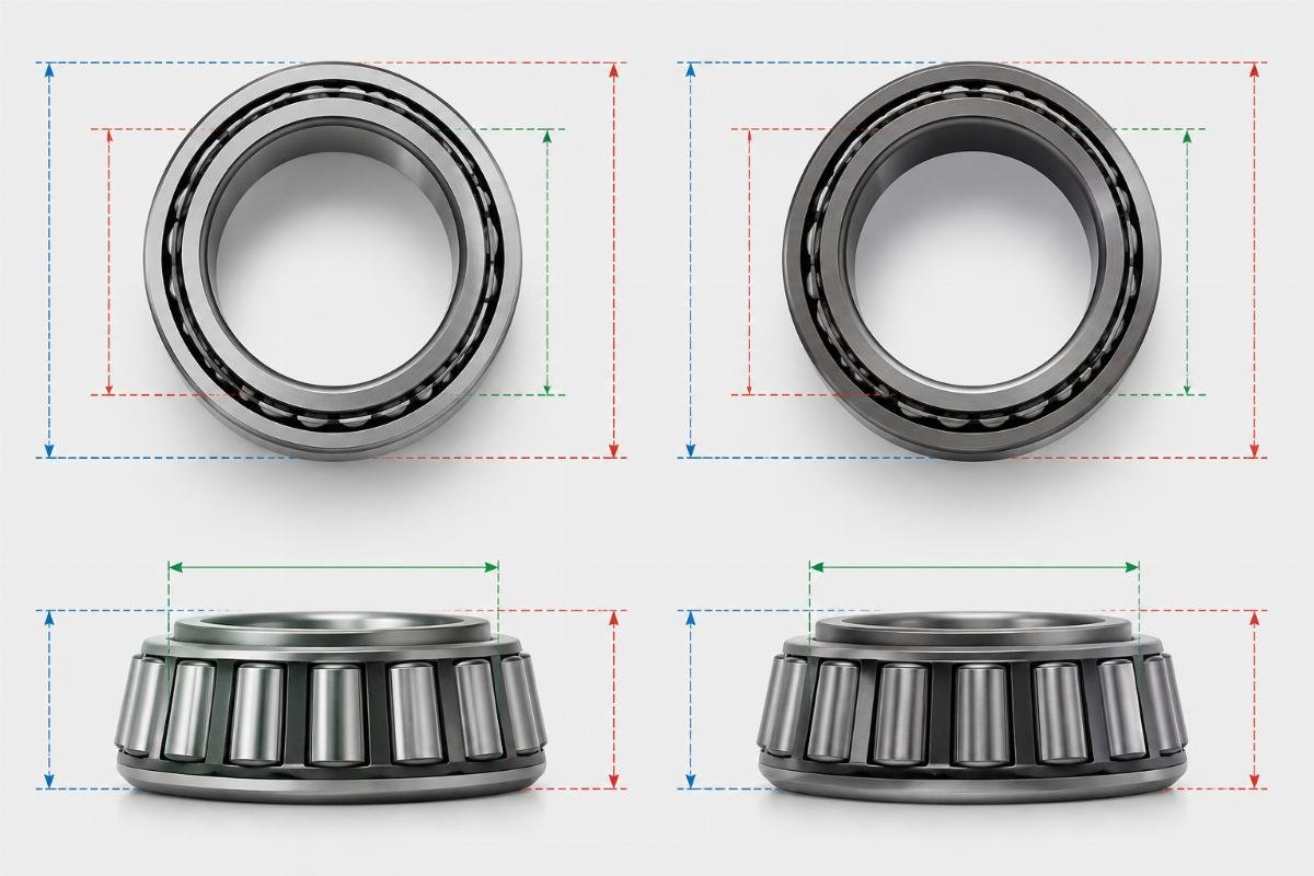 SKF 32210 and Timken 32210 side-by-side dimension overlay showing identical outer envelope