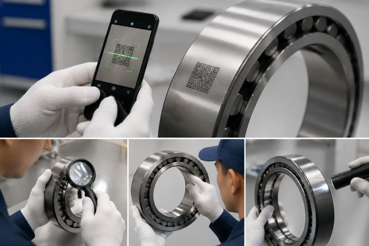 SKF 32218 authenticity verification checklist showing QR scan, font check, and marking inspection