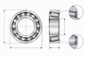SKF 32218 tapered roller bearing dimension diagram showing bore, OD, width, and chamfer zones