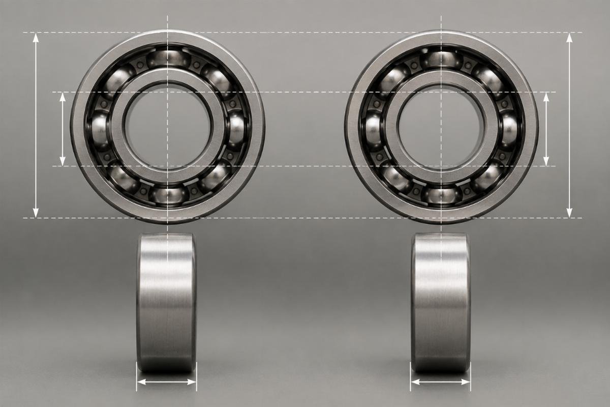 SKF 6205 and Timken 205K side-by-side dimensional comparison showing identical bore, OD, and width