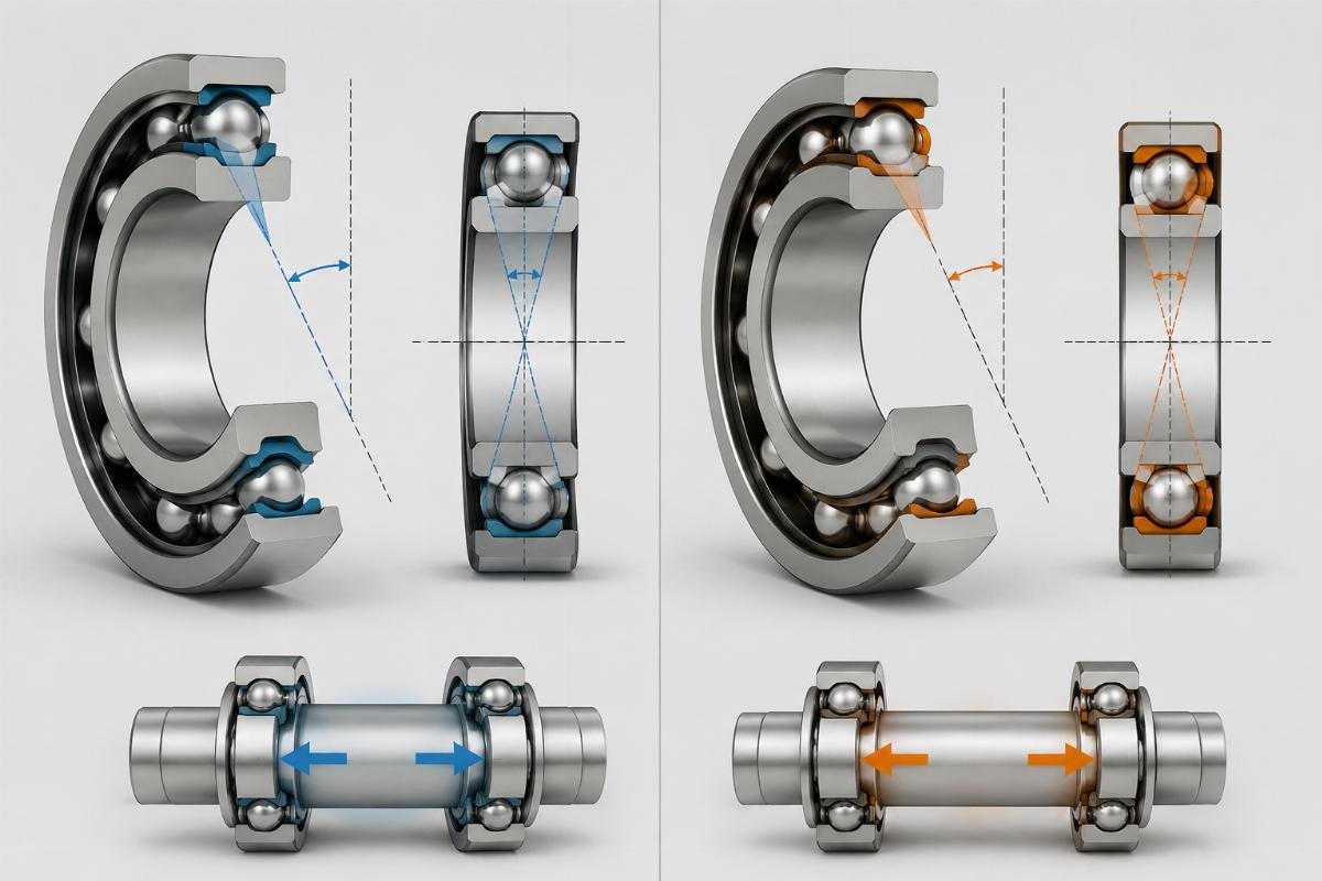 SKF and Timken angular contact bearing comparison showing contact angle and preload differences