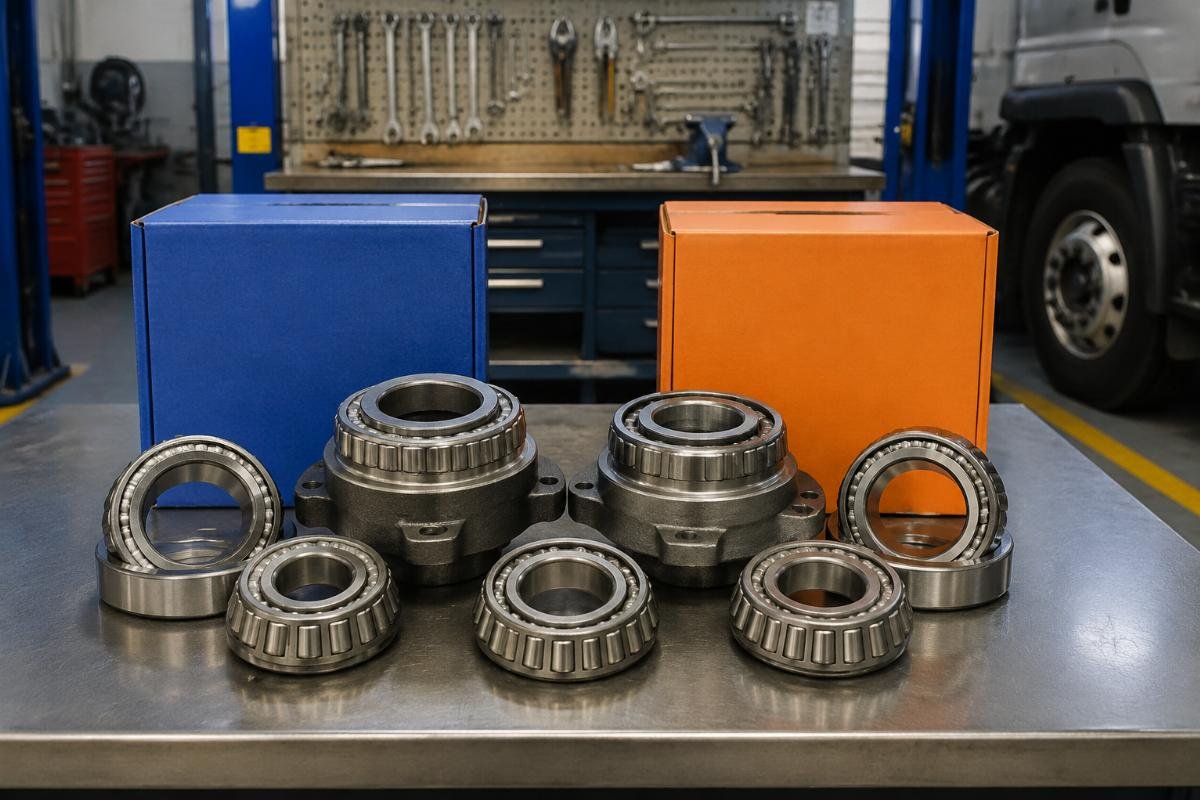 SKF and Timken Class 8 truck wheel hub bearings cross-reference comparison on a workbench