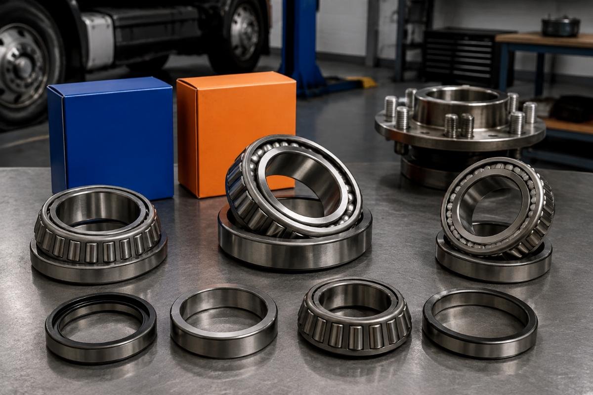 SKF and Timken Class 8 truck wheel hub bearings cross-reference comparison on a workbench
