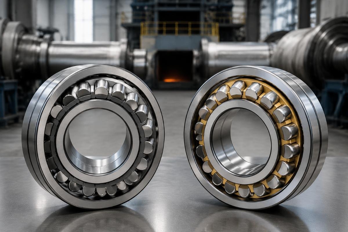 SKF and Timken spherical roller bearings arranged side by side for cross-reference comparison in steel mill roll neck application