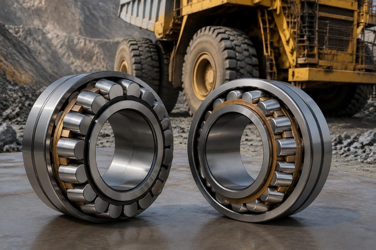 SKF and Timken spherical roller bearings side by side for mining haul truck wheel hub application