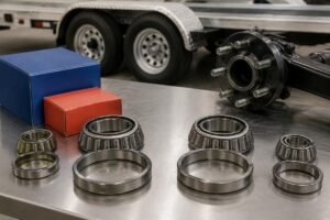 SKF and Timken tapered roller bearings arranged for trailer axle rebuild cross-reference verification