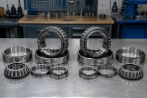SKF and Timken tapered roller bearings laid out side by side for cross-reference comparison on a workshop bench