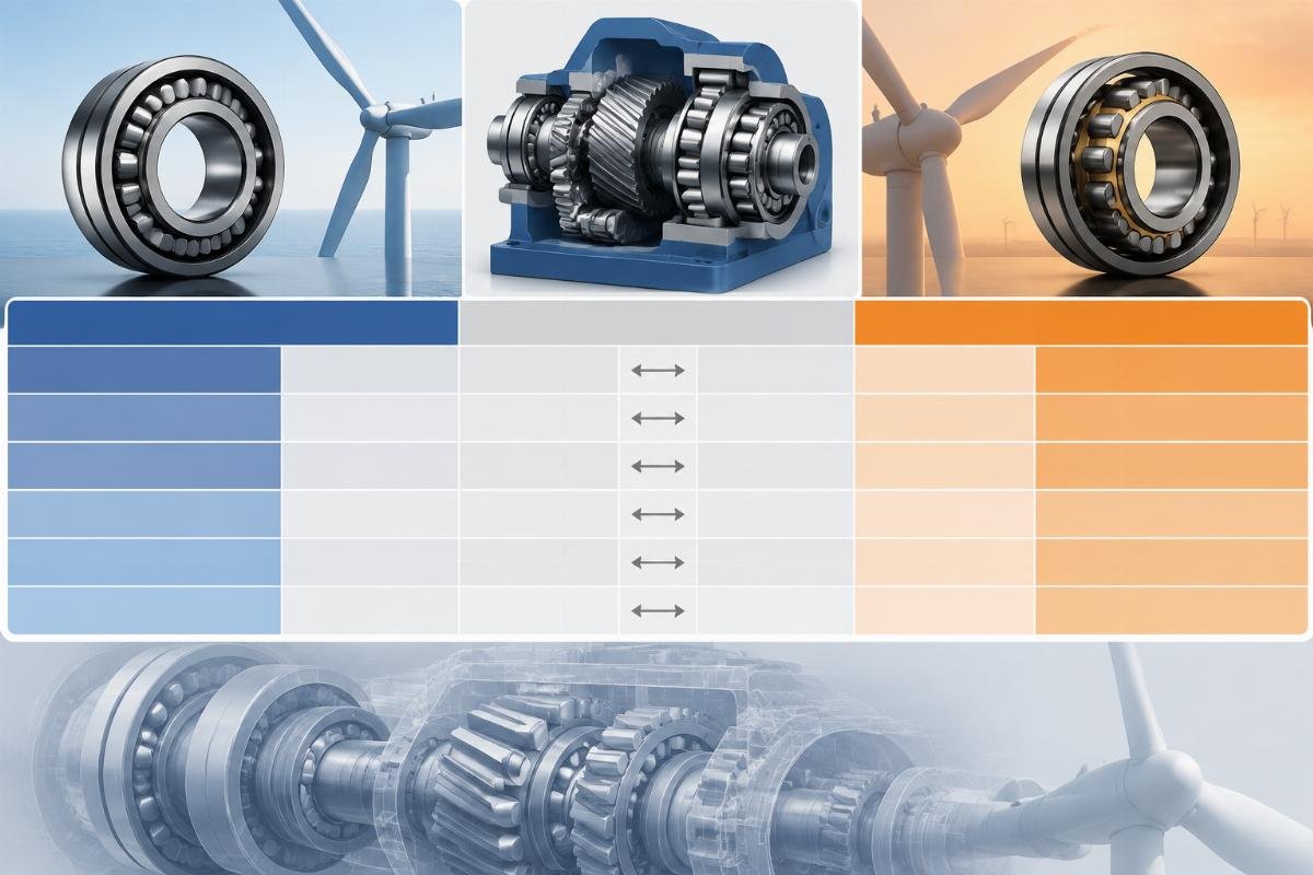 SKF and Timken wind turbine gearbox bearing cross-reference chart showing matched series and clearance codes