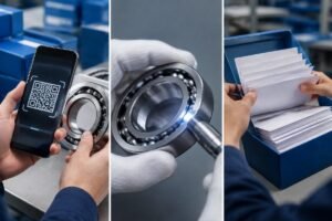 SKF bearing authenticity verification checklist showing QR code scan, steel stamp inspection, and batch document review