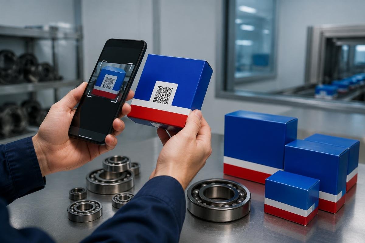 SKF bearing authenticity verification process showing QR code scanning and packaging inspection