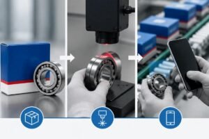SKF bearing authenticity verification workflow showing packaging inspection laser engraving check and QR code scanning