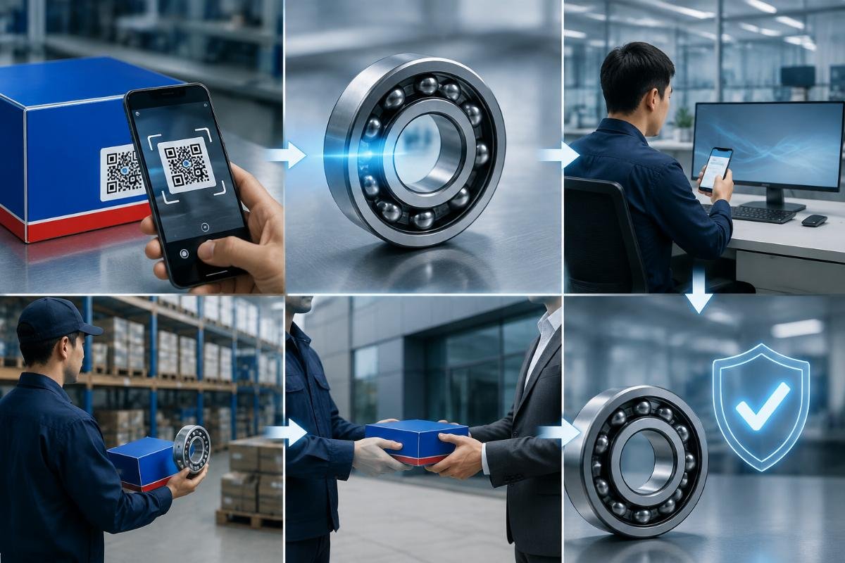 SKF bearing QR code authentication and authorized distributor verification workflow
