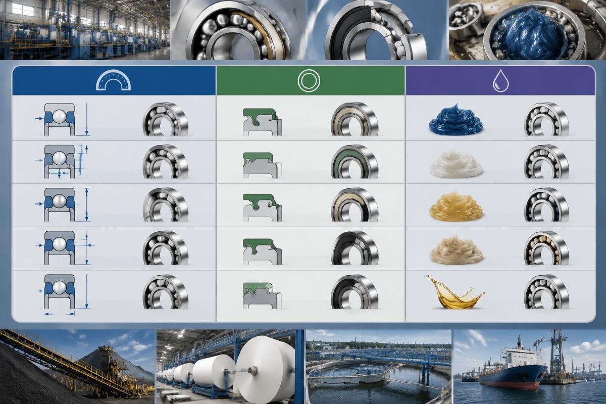 SKF bearing suffix code chart showing internal clearance, seal type, and lubricant specifications for Indonesian industrial applications