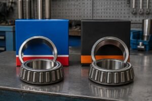 SKF Explorer and Timken Premium Series tapered roller bearings side by side on a workbench