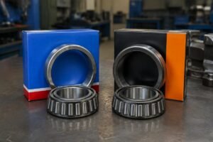 SKF Explorer and Timken Premium Series tapered roller bearings side by side on a workbench