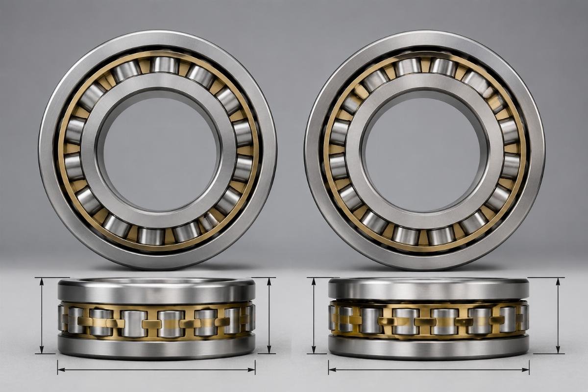 SKF NU 208 and Timken NU 208 cylindrical roller bearings side by side showing dimension comparison