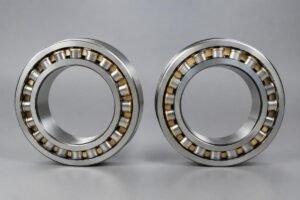SKF NU 208 and Timken NU 208 cylindrical roller bearings side by side showing dimension comparison