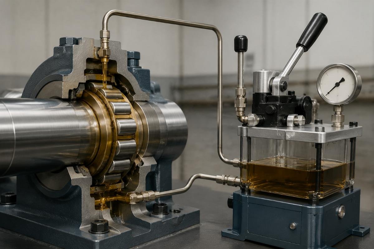 SKF oil injection kit connected to bearing shaft with hydraulic pump pressurizing oil film