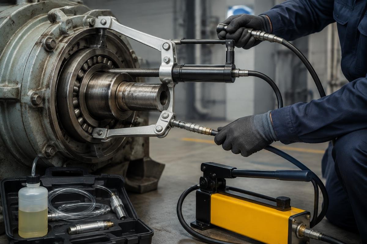 SKF Timken bearings removal using hydraulic puller and oil injection kit on industrial shaft