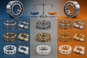 SKF vs Timken bearing cage material comparison chart showing steel brass polymer options