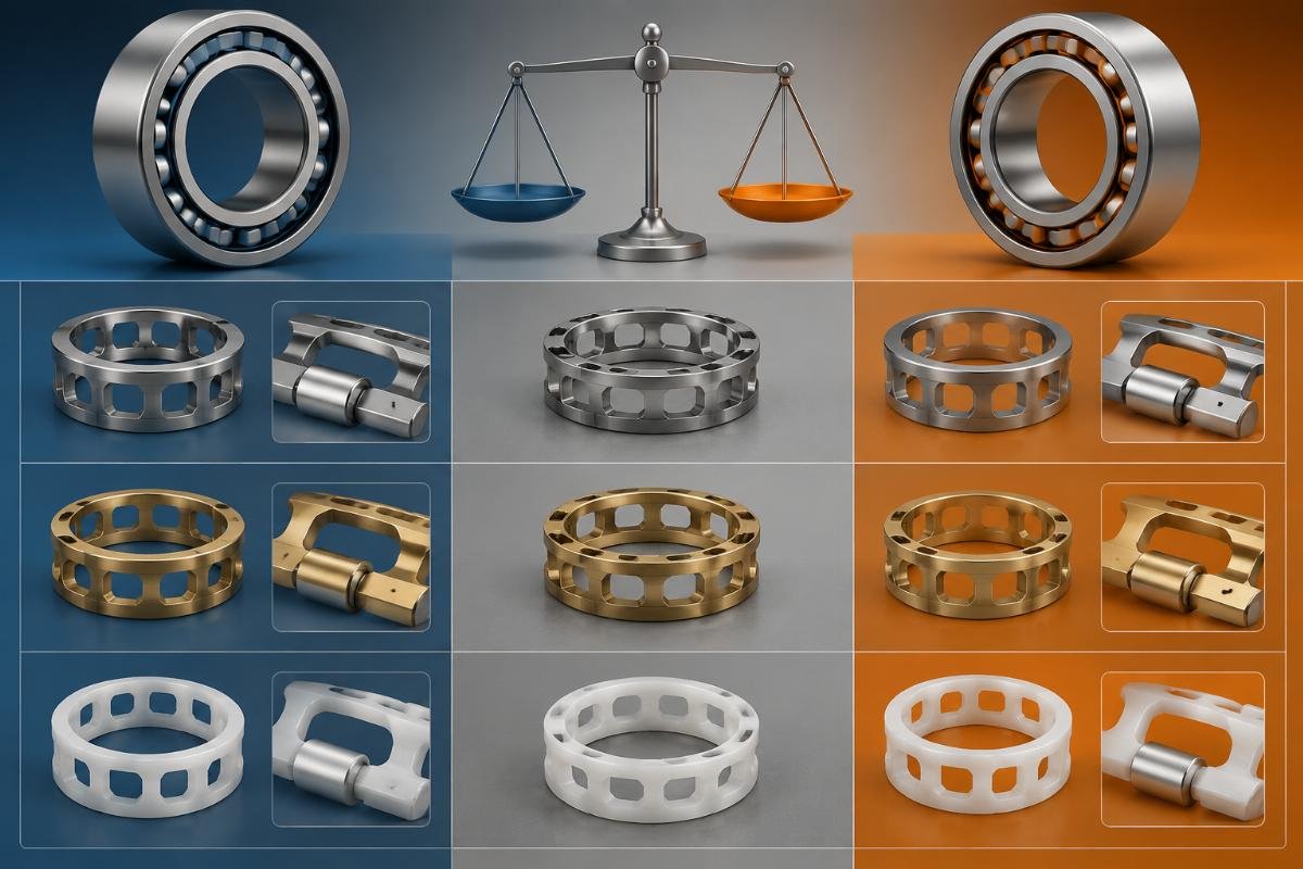 SKF vs Timken bearing cage material comparison chart showing steel brass polymer options