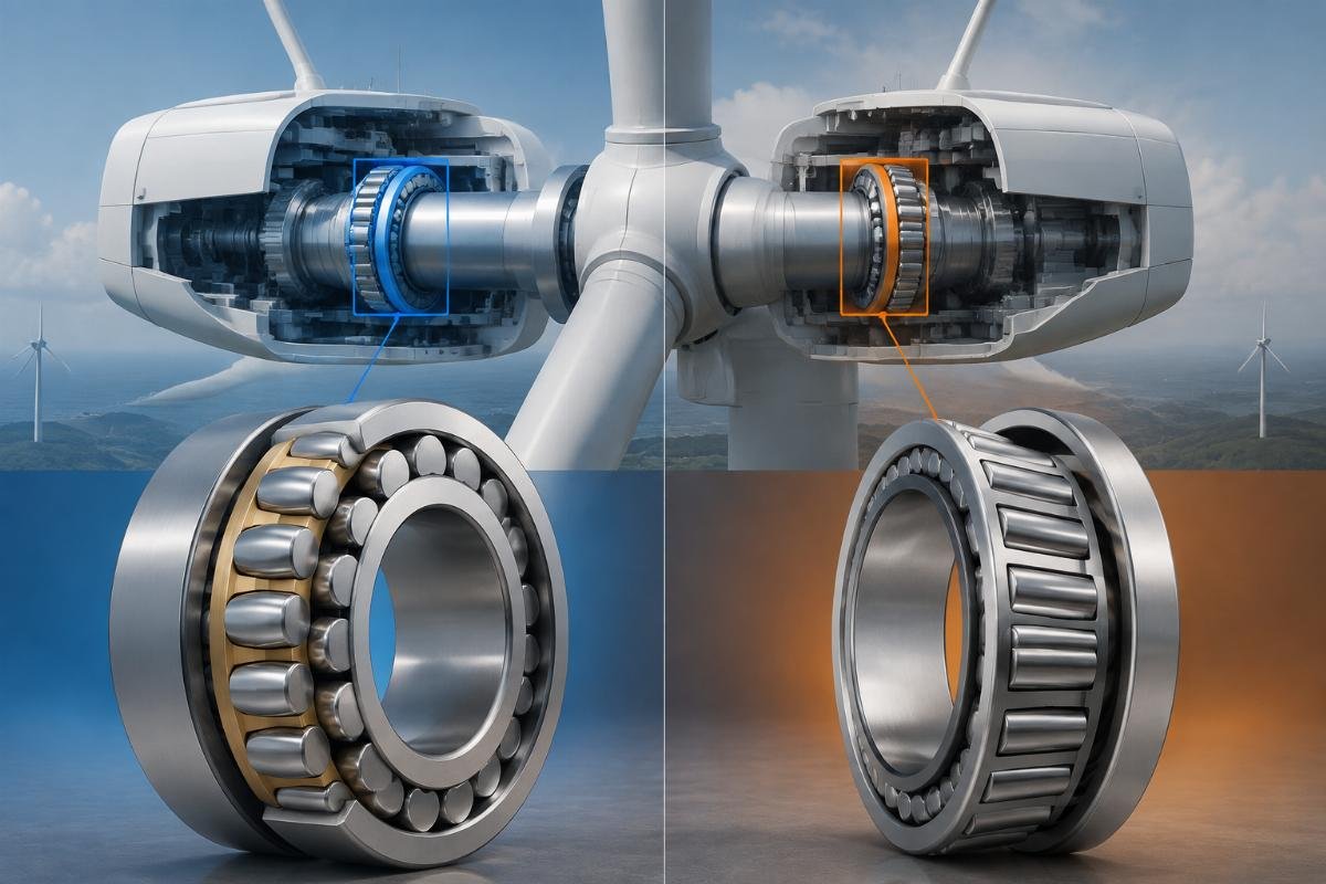 SKF vs Timken bearings wind turbine main shaft comparison showing spherical roller versus tapered roller architecture