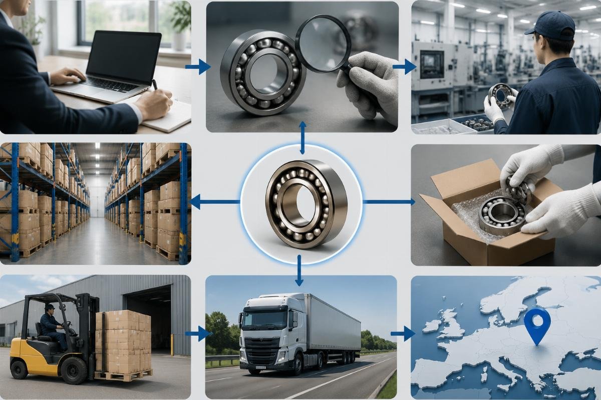 Sourcing workflow diagram for purchasing genuine NSK bearings through authorized channels to Poland