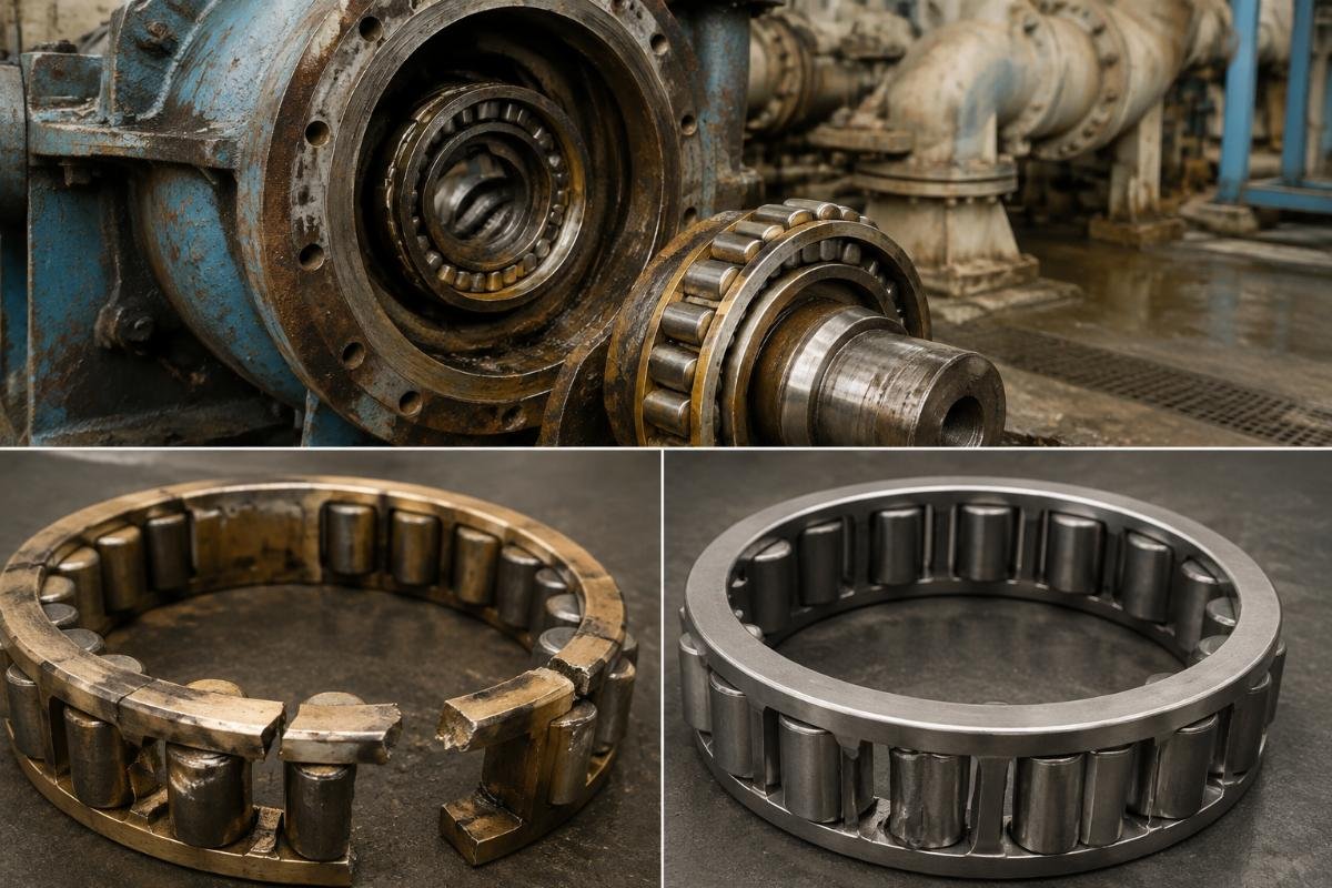 Spherical roller bearing cage failure in slurry pump service showing fractured machined brass cage versus pressed steel alternative