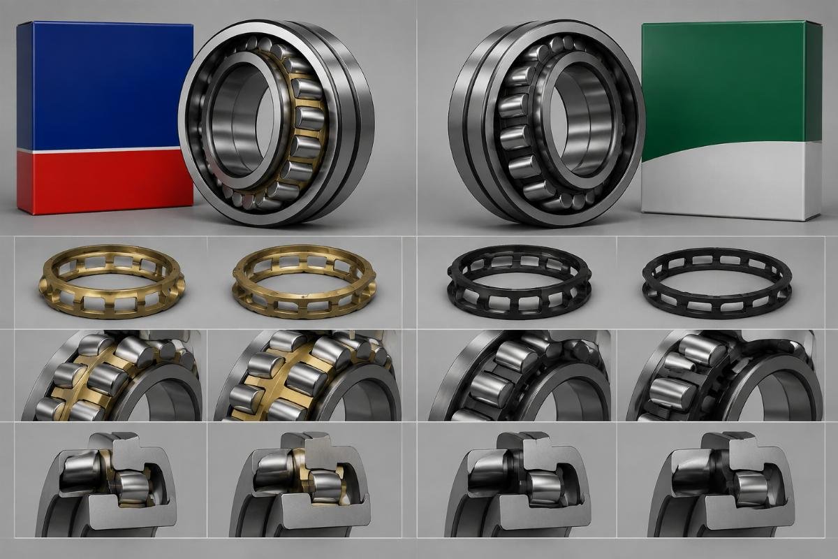 Spherical roller bearing cross-reference comparison showing cage design and suffix differences between NSK and FAG