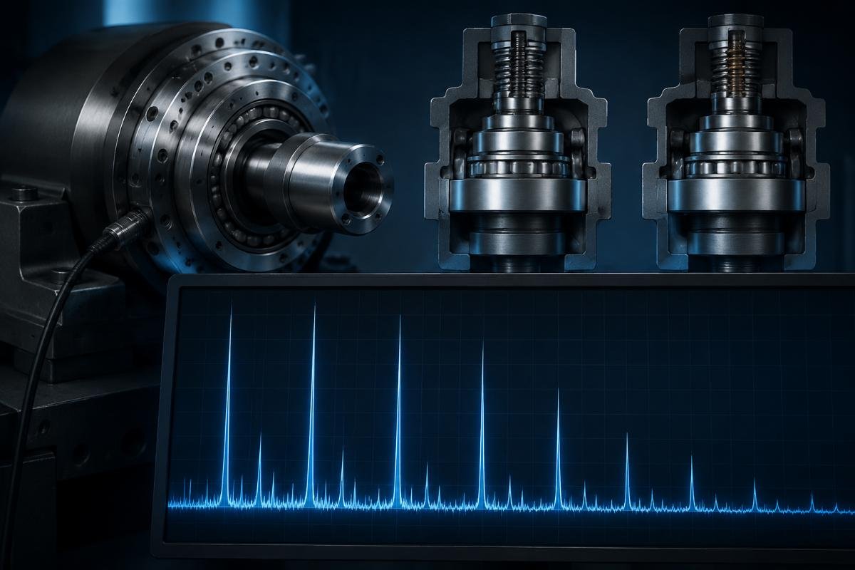 Spindle vibration spectrum showing preload mismatch harmonics