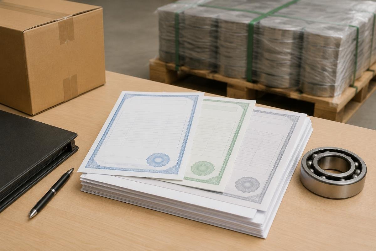 Stack of import compliance documentation including authorization certificate, certificate of origin, and commercial invoice for bearing shipment
