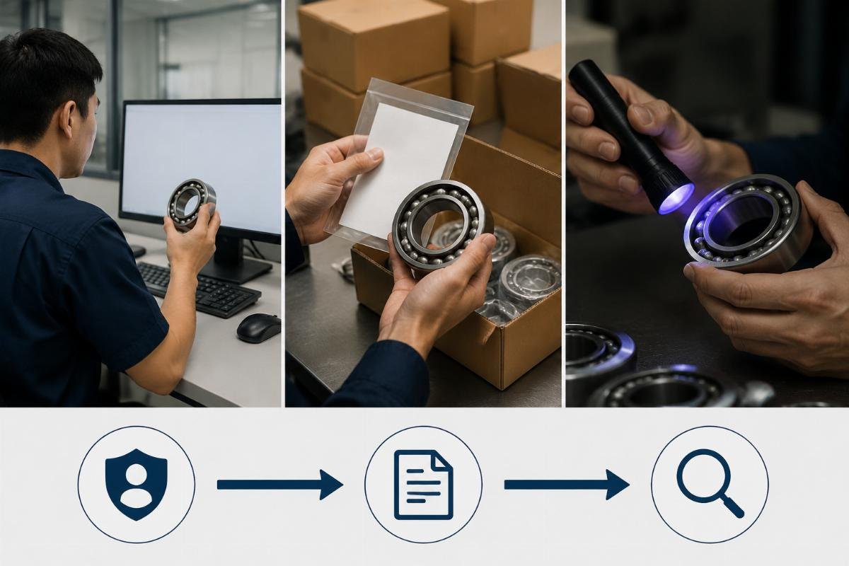 Step-by-step bearing quote verification workflow showing authorization check, origin documentation, and anti-counterfeit validation