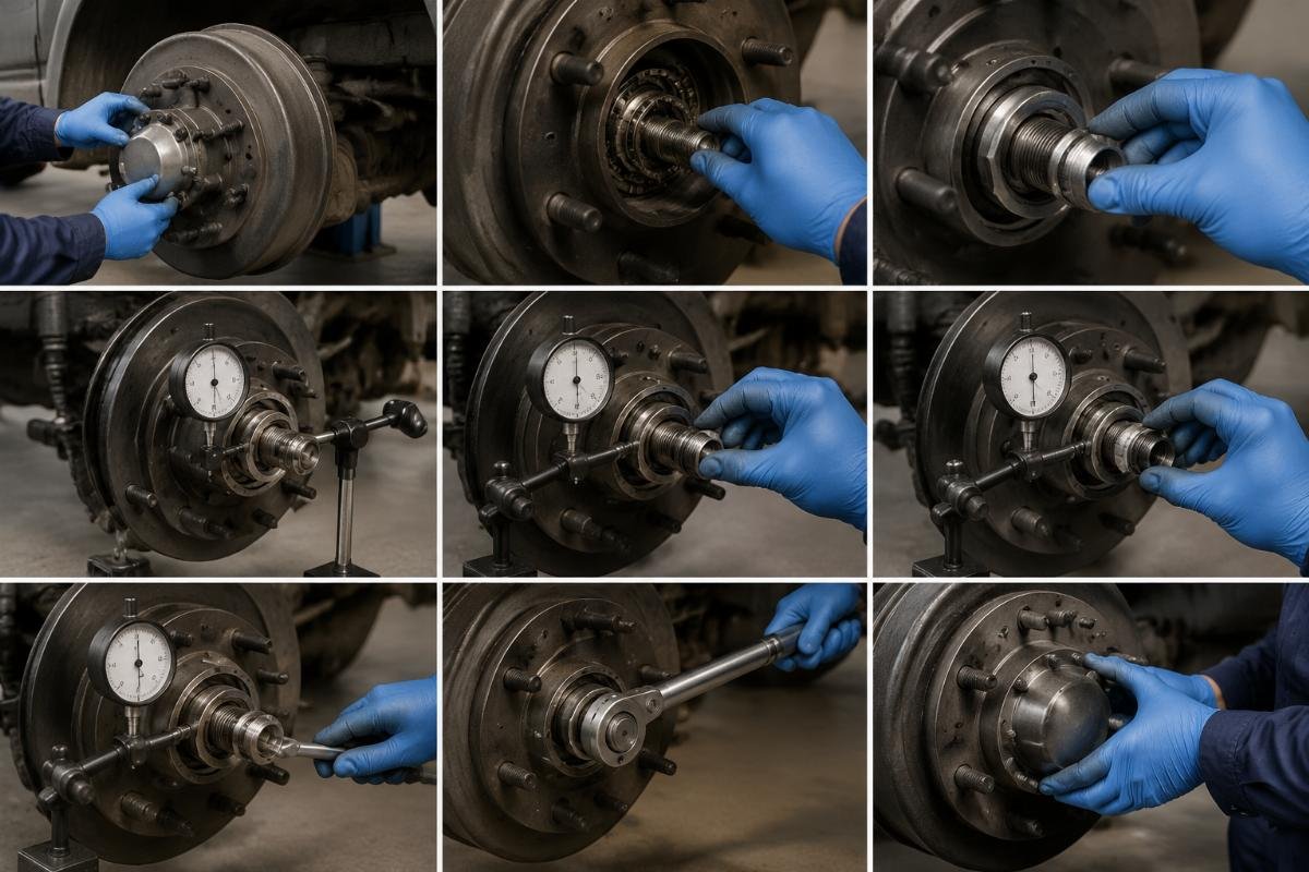 Step-by-step wheel end bearing adjustment process showing dial indicator and torque wrench stages